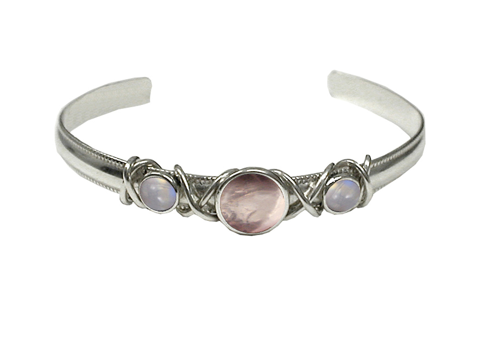 Sterling Silver Hand Made Cuff Bracelet With Rose Quartz And Rainbow Moonstone